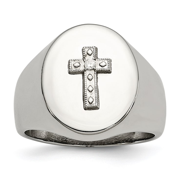 White Cubic Zirconia Stainless Steel Polished with Sterling Silver Cross
Men's Signet Ring