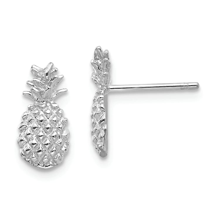 Rhodium Over 14K White Gold Polished and Textured Pineapple Stud Earrings