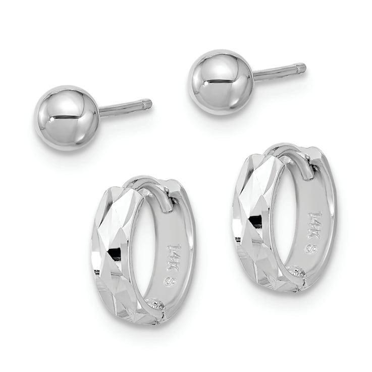 Rhodium Over 14K White Gold Polished 4mm Ball Stud and 3/8"
Diamond-Cut Hinged Hoop Earring Set