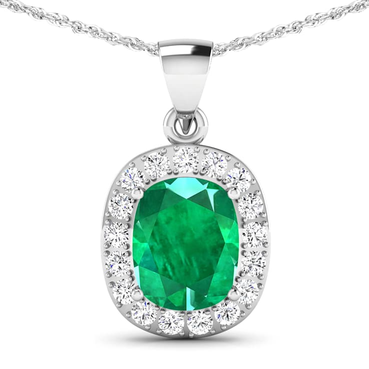 2.50ctw 14K White Gold Zambian Emerald and White Diamond Pendant with 18
inch Cable Chain
