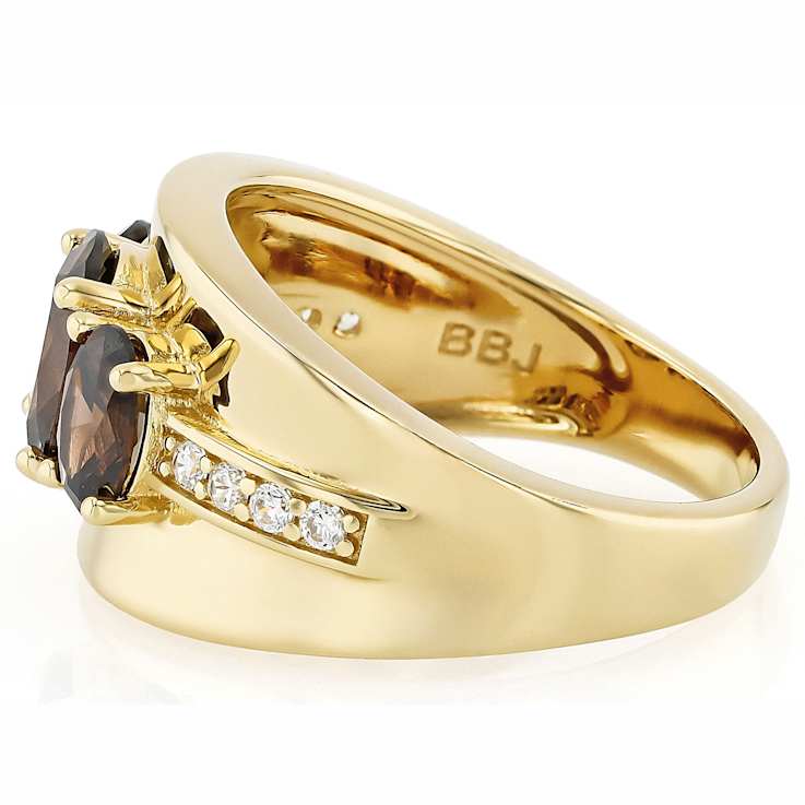 Mocha And White CZ 3-Stone Ring In 18K Gold Over Sterling Silver