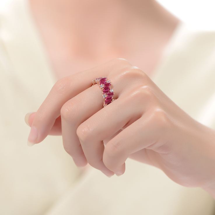 Ruby Color CZ Zig-Zag Band Ring In 18K Rose Gold Over Brass