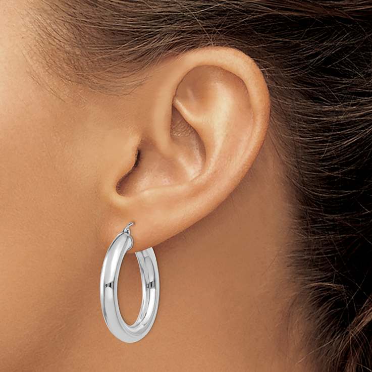 Rhodium Over 14k White Gold Polished 1 3/16" Tube Hoop Earrings