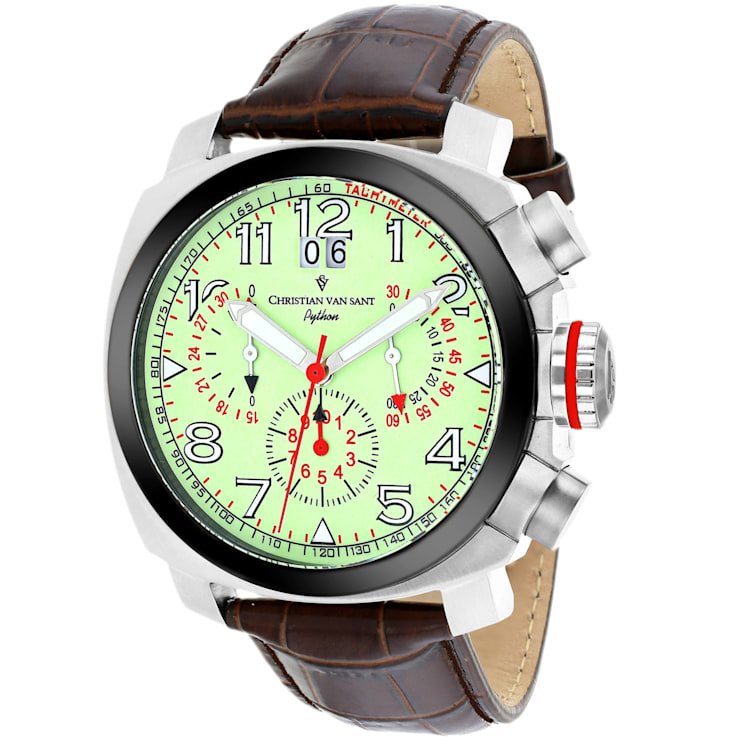 Christian Van Sant Men's Grand Python  (Glow-in-the-dark)White Dial,
Brown Leather Strap Watch