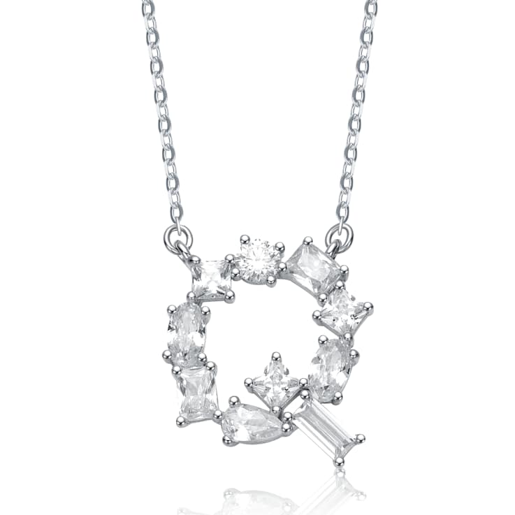 Initial Q Mixed Cut CZ Pendant Necklace In Sterling Silver 18 Inch