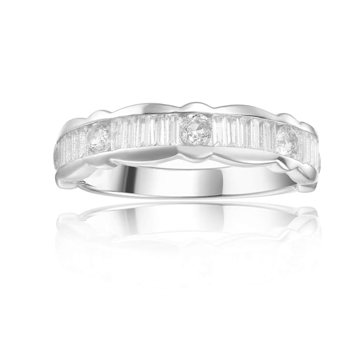 Baguette and Round White Topaz Sterling Silver Scalloped Design Band
Ring, 0.33ctw