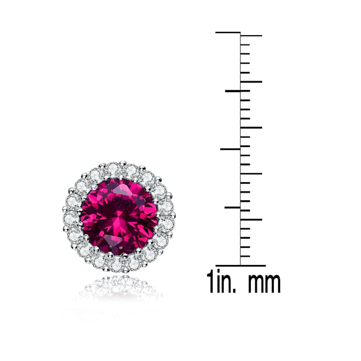 Ruby Color CZ Halo Stud Earrings In Sterling Silver