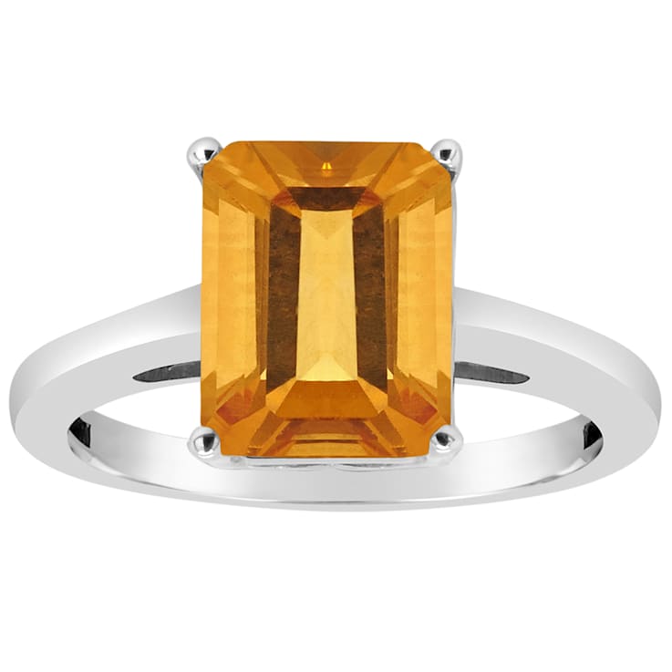 10x8mm Emerald Cut Citrine Rhodium Over Sterling Silver Ring