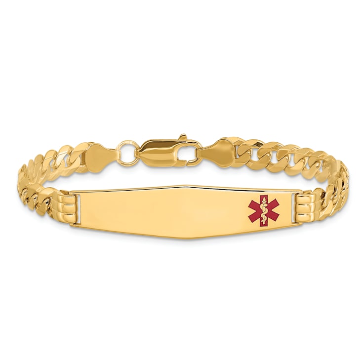 14k Yellow Gold Medical Soft Diamond Shape Red Enamel Curb Link ID Bracelet