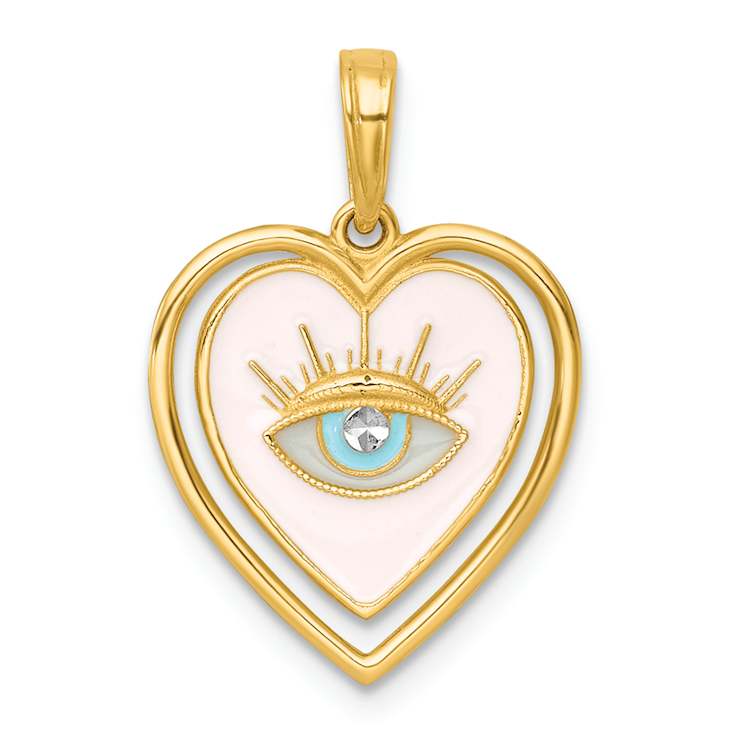 14K Two-tone Gold Polished Multi Color Enamel Eye In Heart Charm
