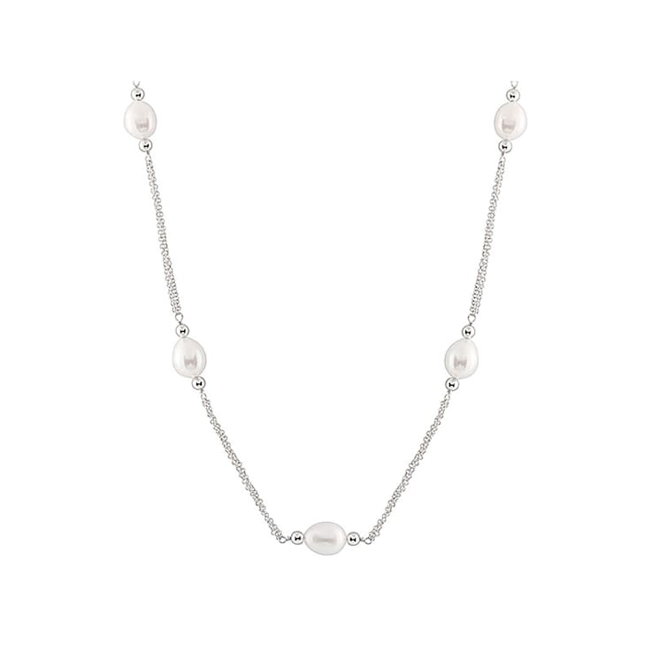 White Cultured Freshwater Pearl Rhodium Over Silver Station Necklace