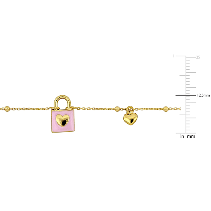 Children's Pink Enamel Lock and Heart Charm Necklace in 14K Yellow Gold
Over Sterling Silver