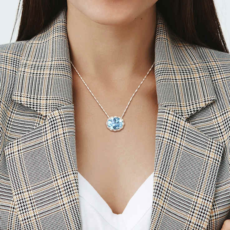Sky Blue Topaz & Diamond 14K White Gold Pendant With Chain 24.88ctw