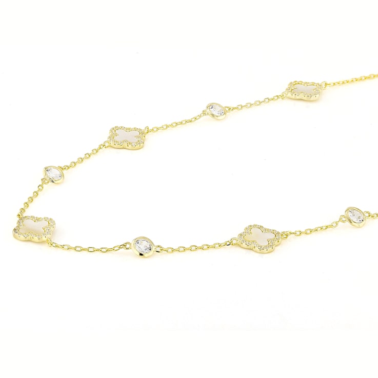 Clover Station Pendant With CZ And Mother-Of-Pearl Necklace In 14K Gold
Over Sterling Silver