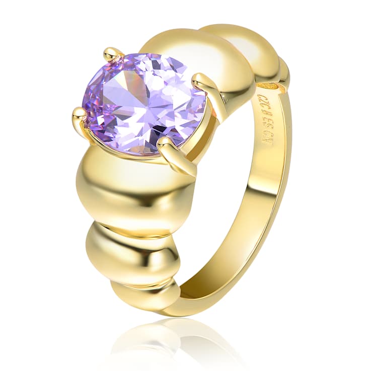 Amethyst Color CZ Oval Cocktail Ring In 14K Gold Over Brass