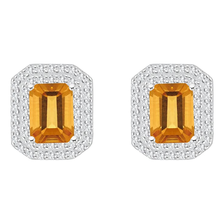 8x6mm Emerald Cut Citrine And White Topaz Accent Rhodium Over Sterling
Silver Double Halo Earrings