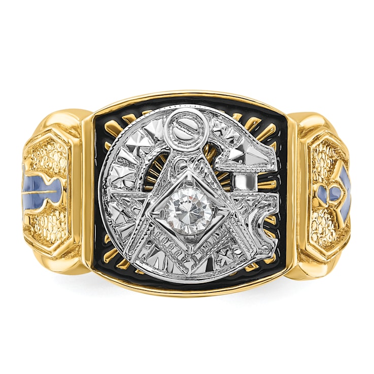 10K Two tone Yellow and White Gold Men s Enameled and Diamond Blue Lodge Masonic Ring 0.15ctw
