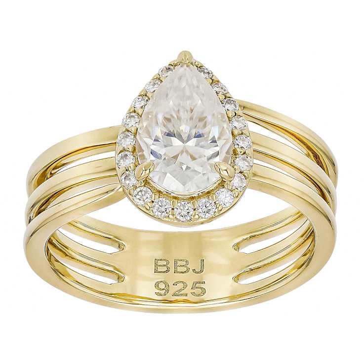 Pear Shape Moissanite Halo Ring In 14K Gold Over Sterling Silver