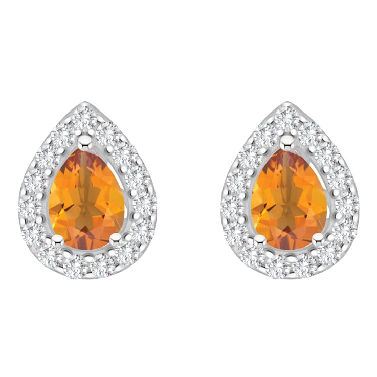 8x5mm Pear Shape Citrine And White Topaz Accent Rhodium Over Sterling
Silver Halo Stud Earrings