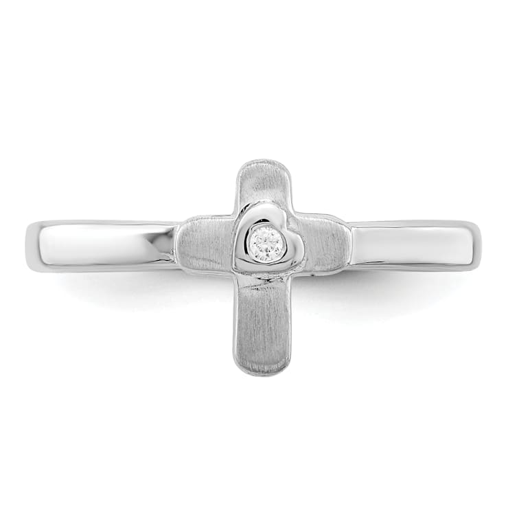 Sterling Silver Polished and Satin Cubic Zirconia Cross Children's Ring