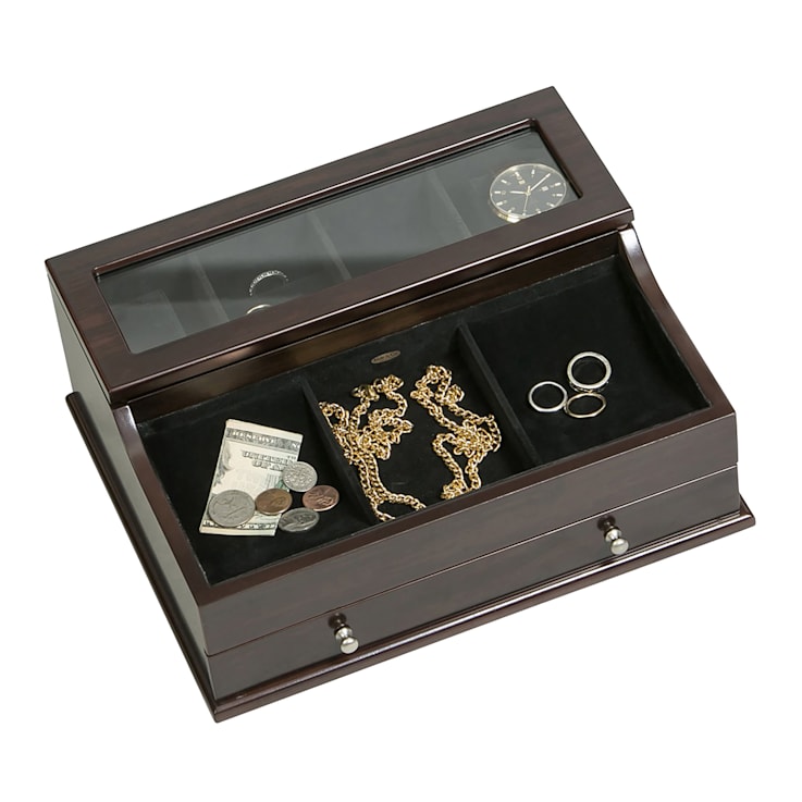 Mele and Co Hampden Men's Glass Top Wooden Dresser Top Valet