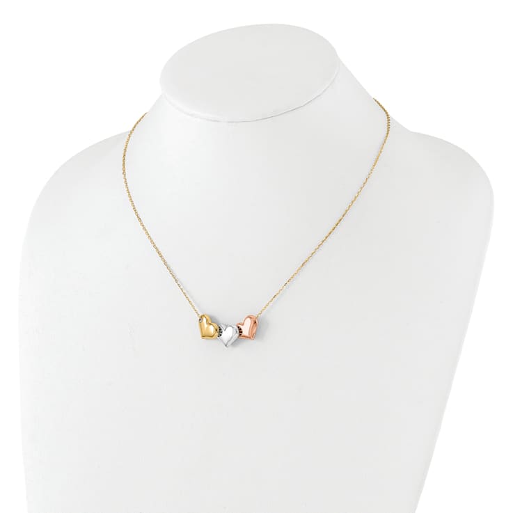14K Tri-color Polished Hearts 17-inch with 1-inch Extension Necklace