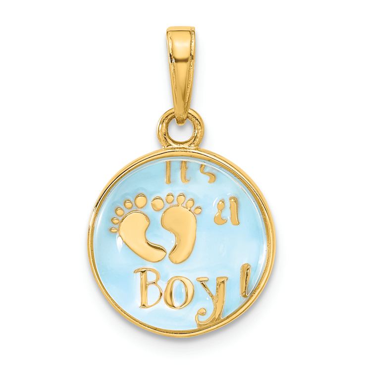 14k Yellow Gold Polished It's A Boy Pendant with Blue Enamel and Clear
Epoxy Resin