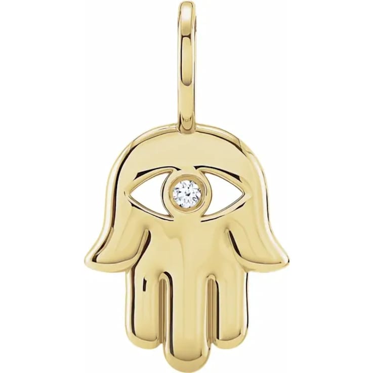 14K Yellow Gold 0.02ct Diamond Accent Hamsa Hand Charm Pendant.