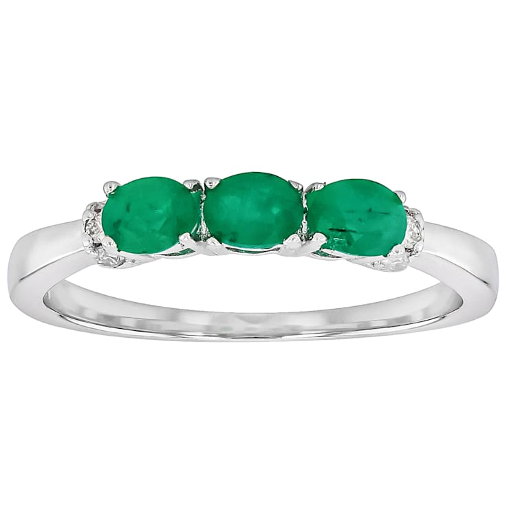 Emerald And Lab-Grown Diamond Three-Stone Ring In Sterling Silver
