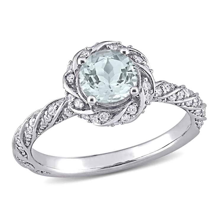 Aquamarine and Diamond 14K White Gold Halo Ring 0.84ctw