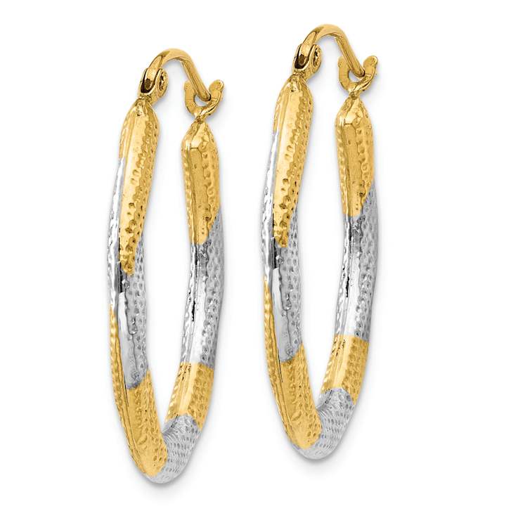 14k Yellow Gold and Rhodium Over 14k Yellow Gold Textured 1" Oval
Hoop Earrings
