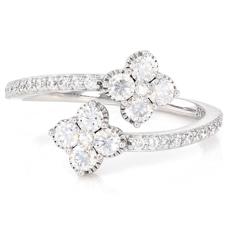 Moissanite Clover Bypass Ring In Platinum-Enhanced Sterling Silver