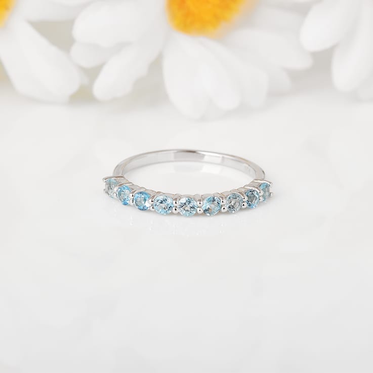 Round Blue Topaz Sterling Silver Anniversary Style Stackable Band Ring, 0.90ctw