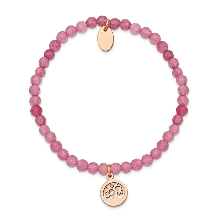 Rose Stainless Steel Polished Tree Pink Jade Beaded Stretch Bracelet