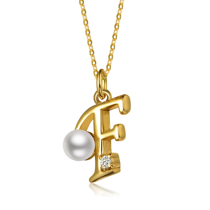 Initial F Pear Shape CZ And Pearl Pendant Necklace In 14K Gold Over Brass
