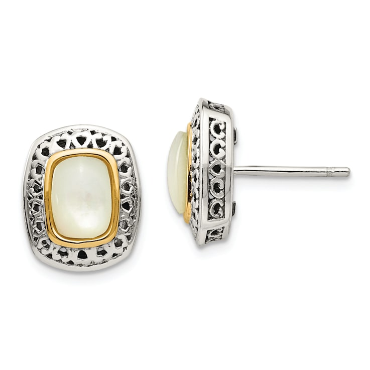 Sterling Silver with 14K Accent Antiqued Mother Of Pearl Post Earrings