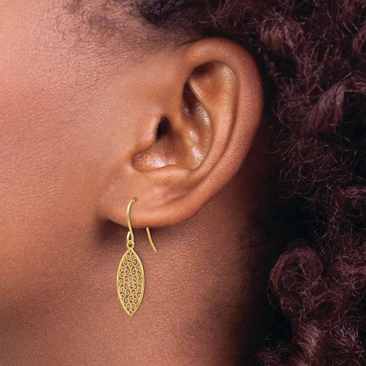 14k Yellow Gold Fancy Filigree Textured Teardrop Dangle Earrings