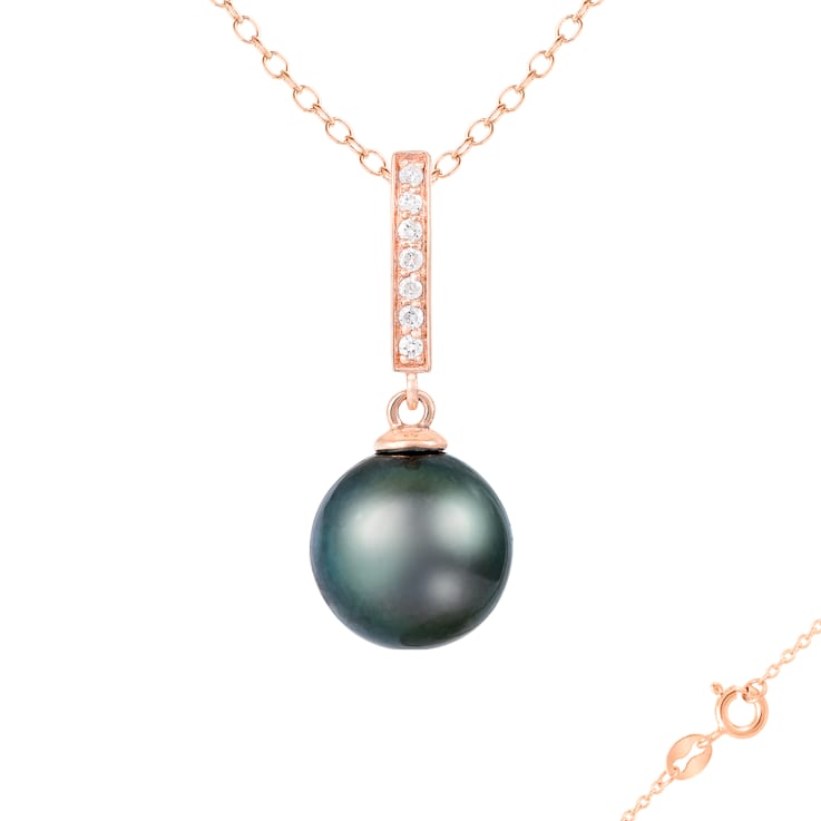 Black Cultured Tahitian Pearl and Diamond 14k Rose Gold Pendant 10-11mm
