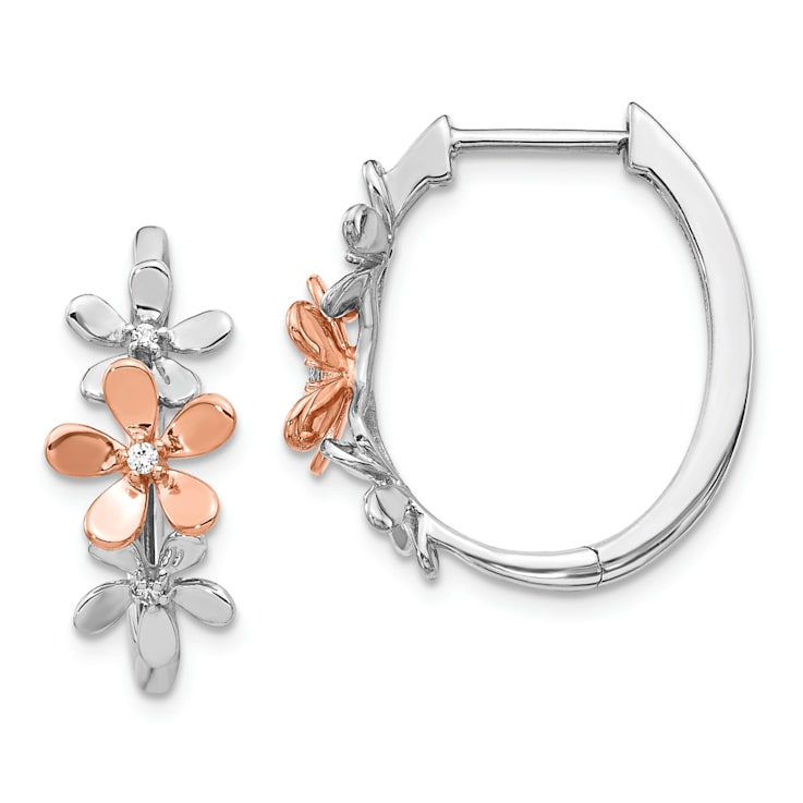 14K Rose Gold and 14K White Gold Flower Hoop Earrings with Diamond