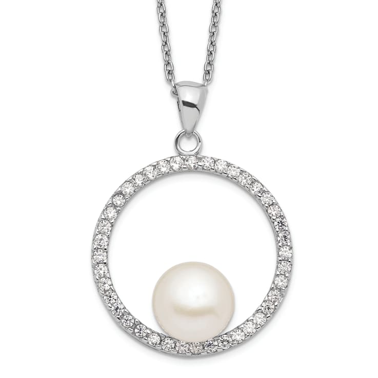 Rhodium Over Sterling Silver 8-9mm White Freshwater Cultured Pearl and
Cubic Zirconia Necklace
