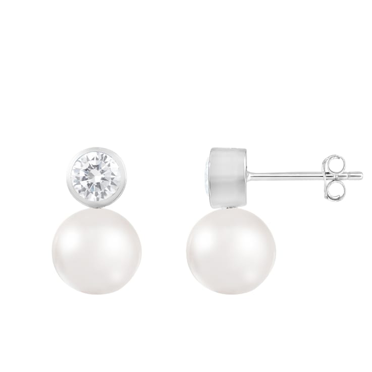 7.5-8mm White Cultured Freshwater Pearl Rhodium Over Sterling Silver Earrings