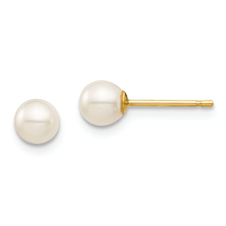 14K Yellow Gold 4-5mm White Round Freshwater Cultured Pearl Stud Post Earrings