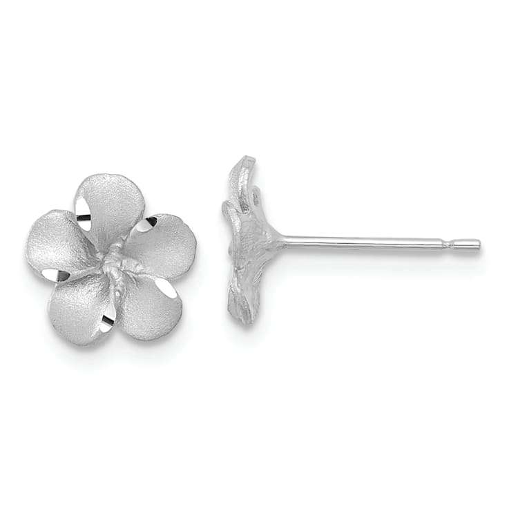 Rhodium Over 14K White Gold 8.5mm Satin Diamond-Cut Plumeria Stud Earring