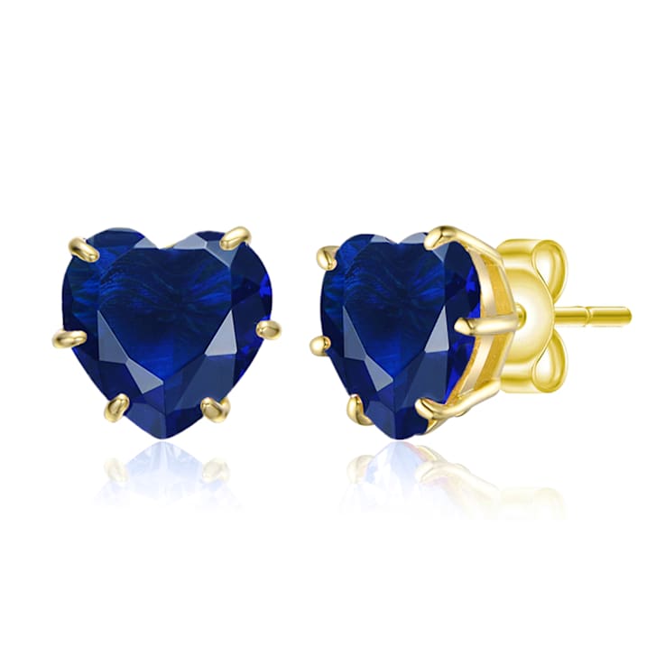 Sapphire Color CZ Heart-Shape Stud Earrings In 14K Gold Over Brass
