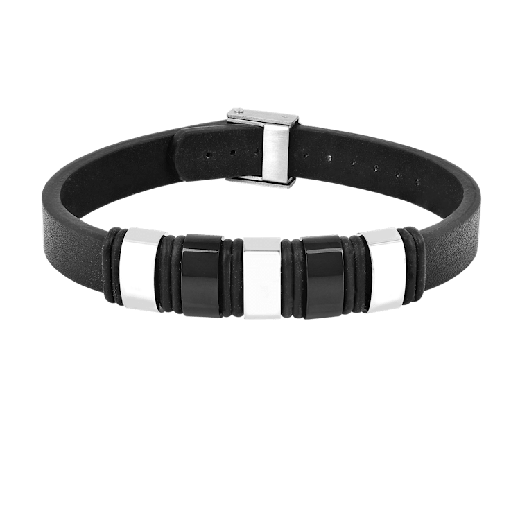 Mens Black Leather and Stainless Steel Station Bracelet