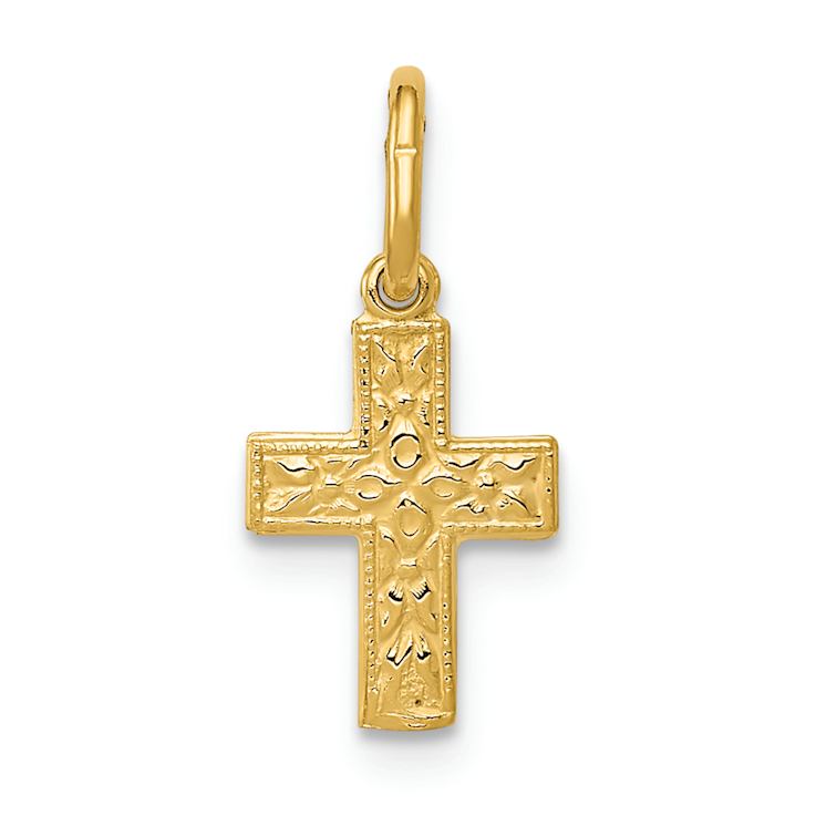 14k Yellow Gold Textured Floral Cross Charm