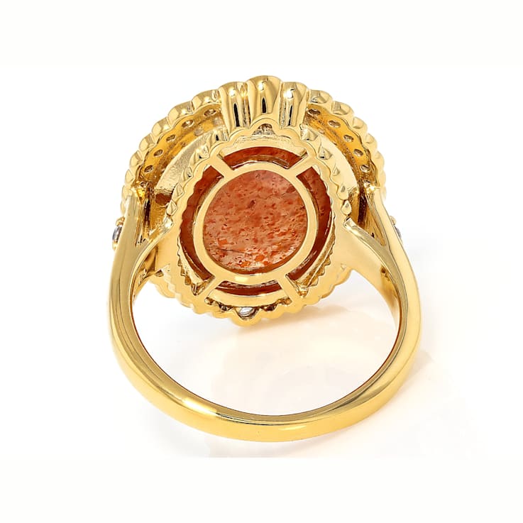 Orange Sunstone Oval And White Zircon Ring In 18K Gold Over Sterling
Silver 0.46ctw