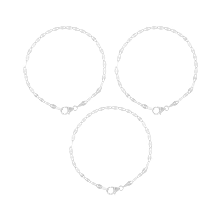 Sterling Silver Set of 3 Polished Flat Oval Link Bracelets, 7.75 Inches