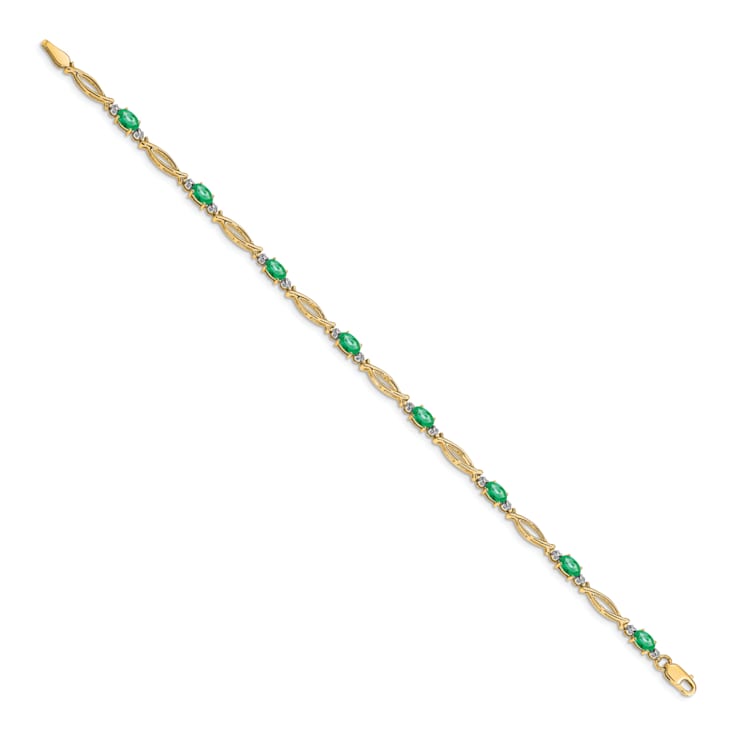 14k Yellow Gold and Rhodium Over 14k Yellow Gold Diamond and Emerald Bracelet