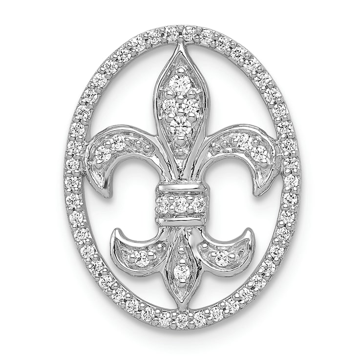 Rhodium Over 14k White Gold Oval Diamond Fleur de Lis Chain Slide Pendant